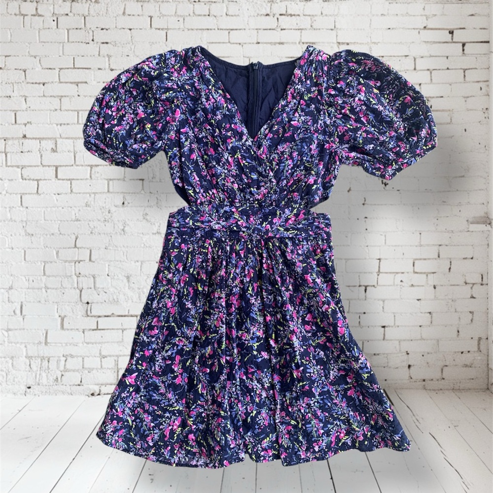 French Connection Blue Pink Floral Dress Puff Sleeves Size 2